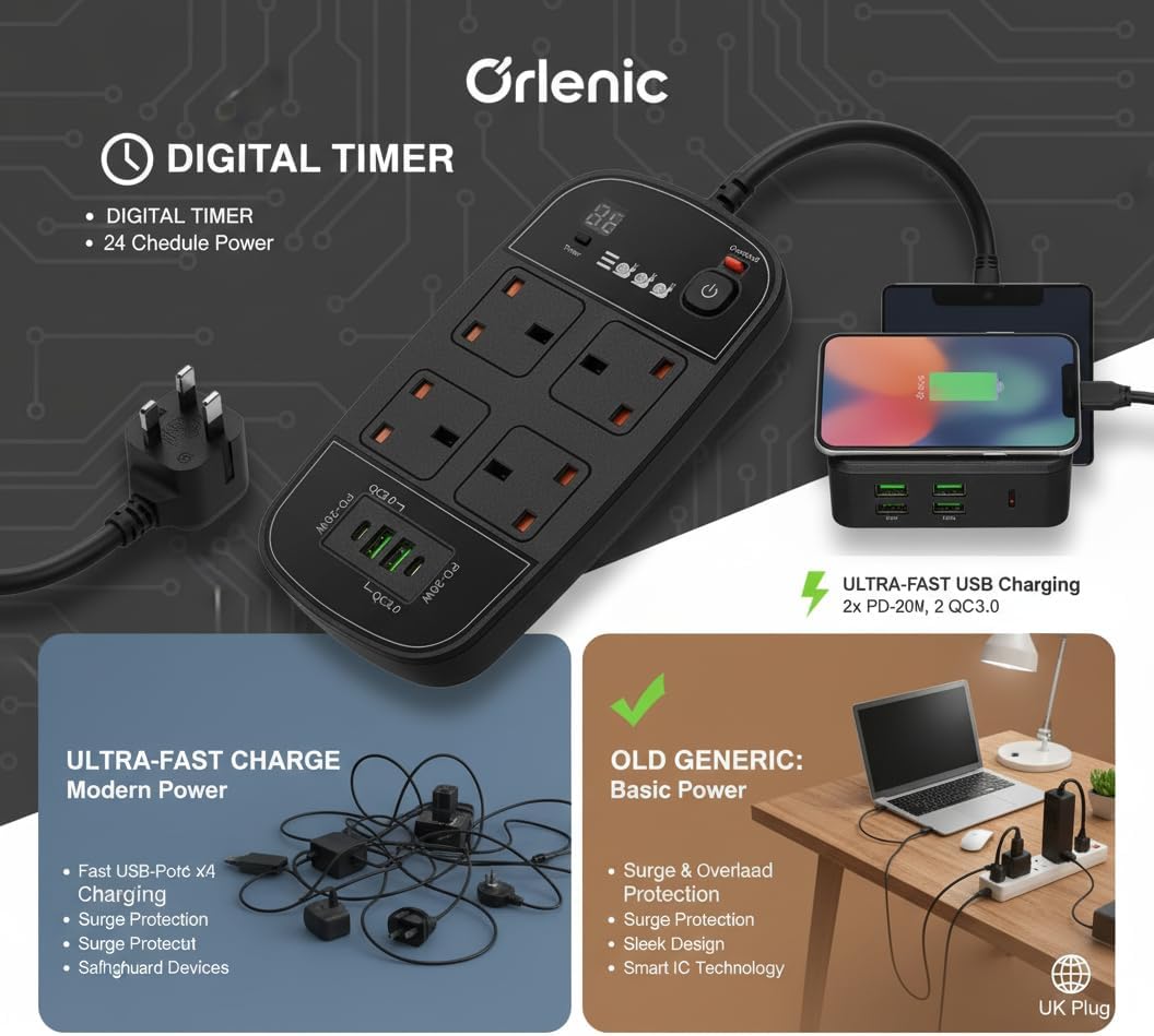 Orlenic 4-Outlet Power Strip with USB Charging Ports & Surge Protection