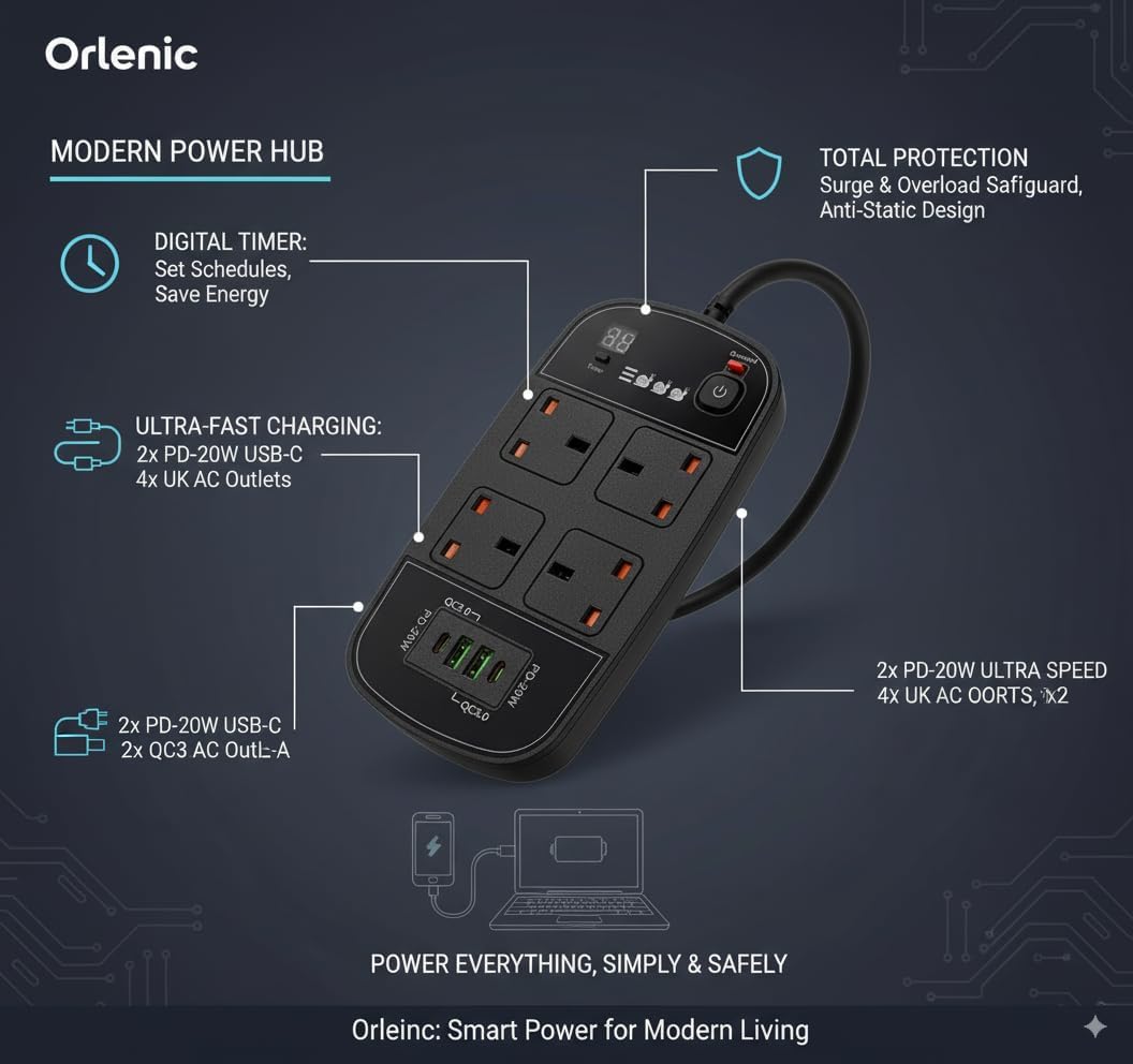Orlenic 4-Outlet Power Strip with USB Charging Ports & Surge Protection